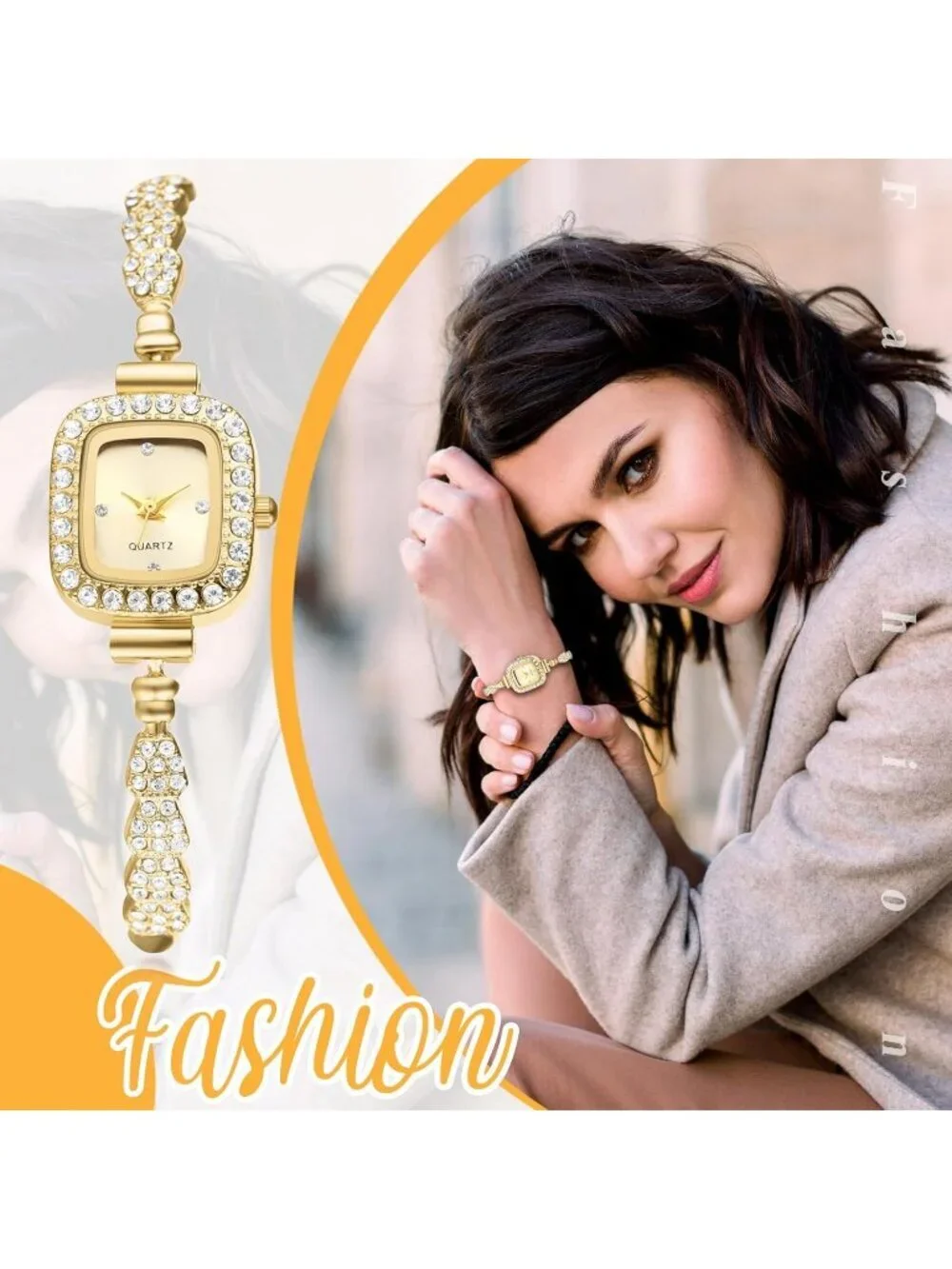 Women's Gold Analog Quartz Slim Strap Square Bracelet Rhinestones Wrist Watch